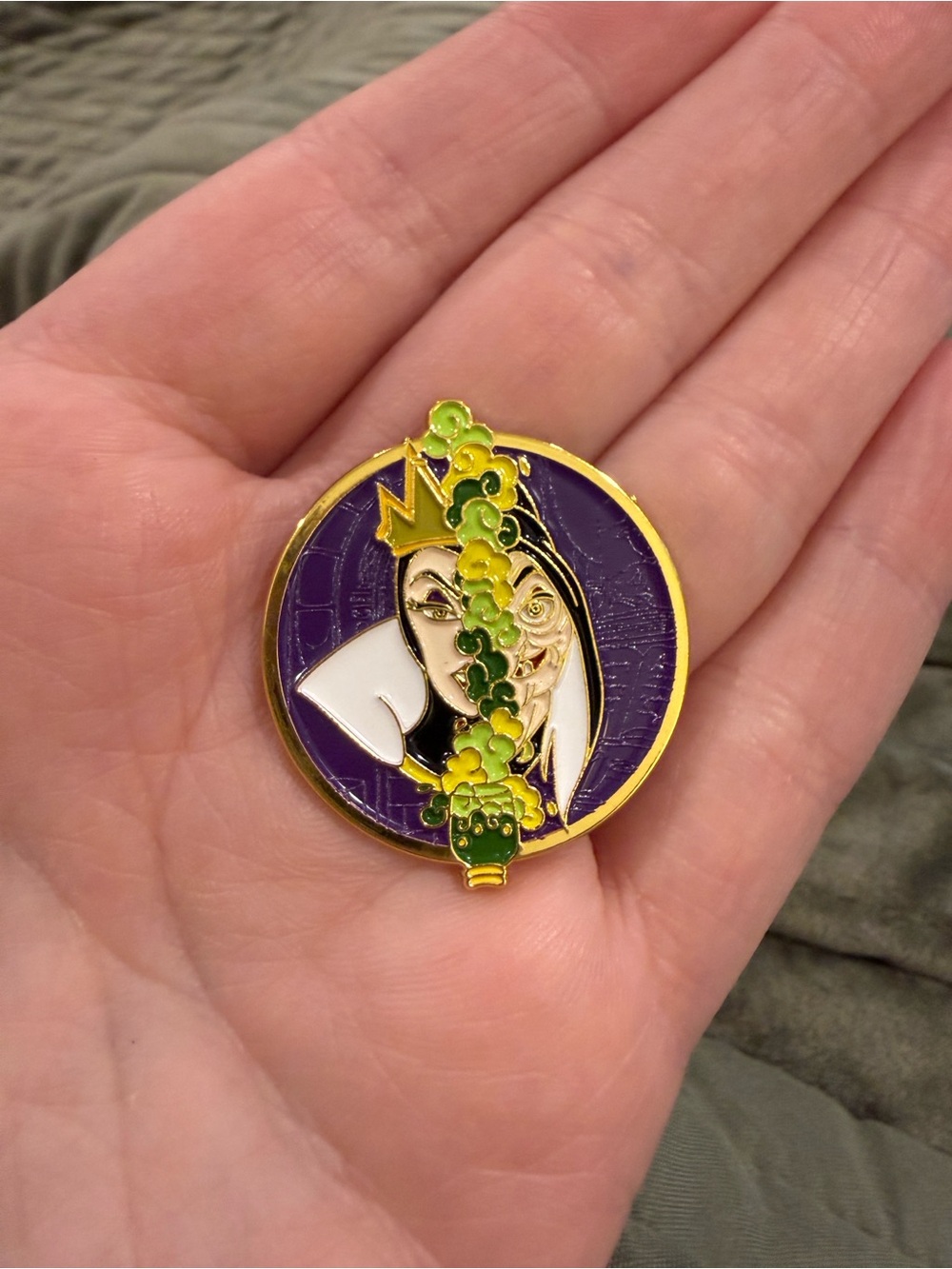 Floral Split-Face Snow White Evil Queen Enamel Brooch in Purple, Green & Gold